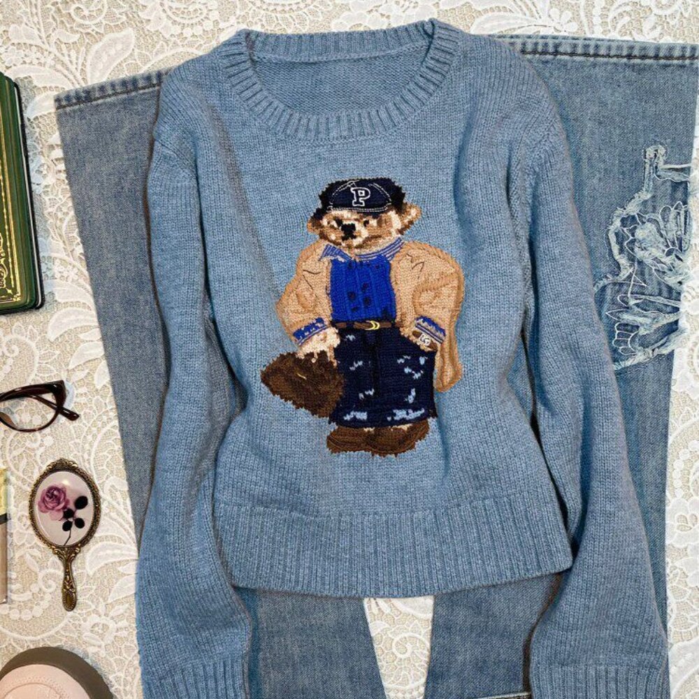 Original Blue Bear Pattern Crew Neck Sweater Wome… - image 3